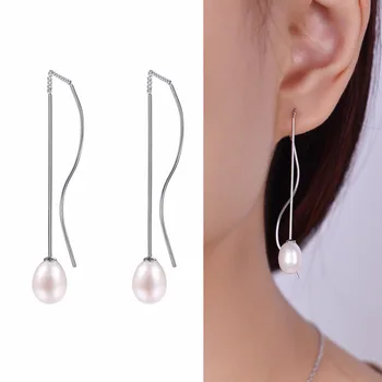 

Pearl Thread Dangle Earrings 925 Sterling Silver Real Fresh Pearl Slim Long Threader Dangle/Drop Earrings For Women E6029B