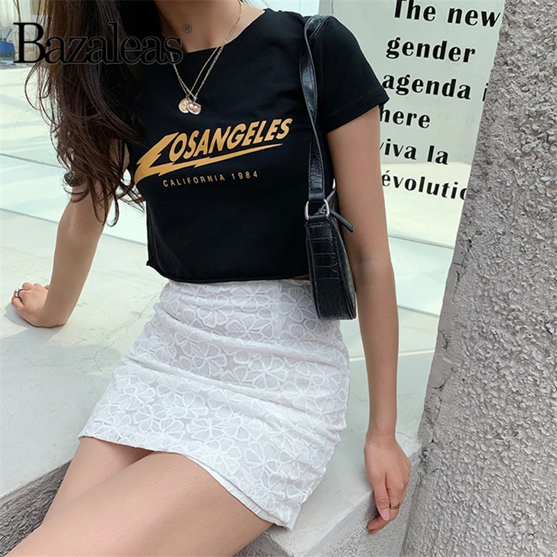 

King Losangeles Print Crop Top Punk 2019 Women T-shirt O Neck Tops Summer T Shirts Casual Cropped