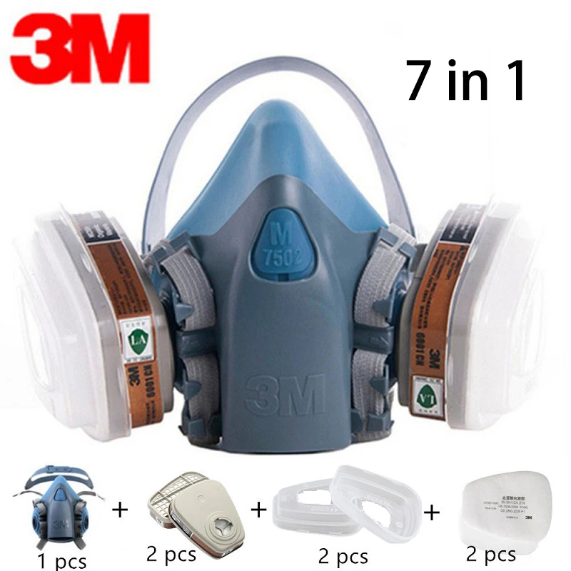 

7 in 1 3M 7502 Safety Gas Mask Chemical Protective Mask Industrial Coating Spray Anti-Organic Vapor Powder Mask 6001