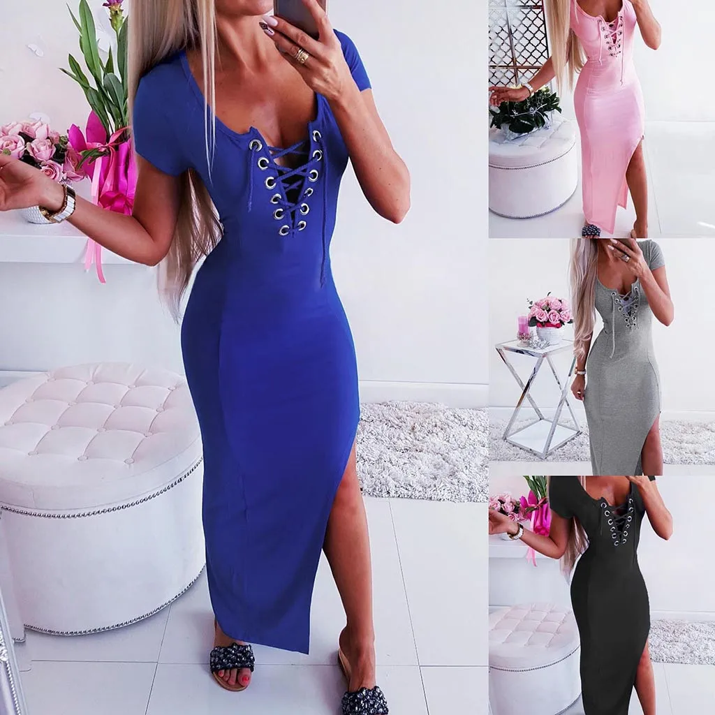 

feitong Summer Women Sheath Style Sexy Solid O Neck Lace Up Vestidos Split Slim Short Sleeve Long Midi Dress Female #19531