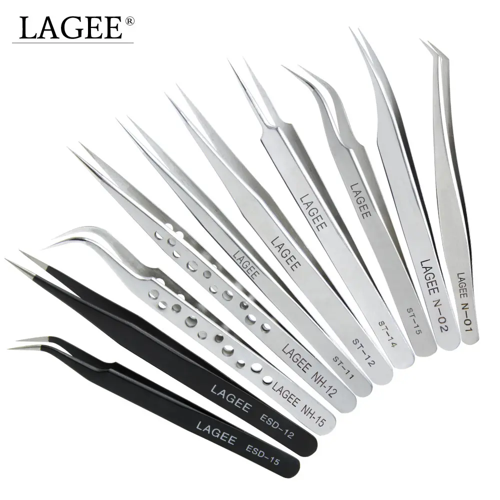 

LAGEE Stainless Steel Nippers Curved Anti-static Eyelash Extension Tweezers Pointed Clip Set Multi-function Forceps Makeup Tools