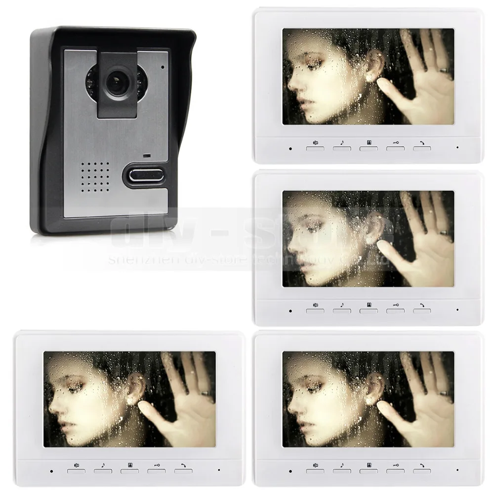 DIYSECUR 800 x 480 7inch Video Intercom Video Door Phone Doorbell 1 Camera 4 Monitors for Home / Office Security System White