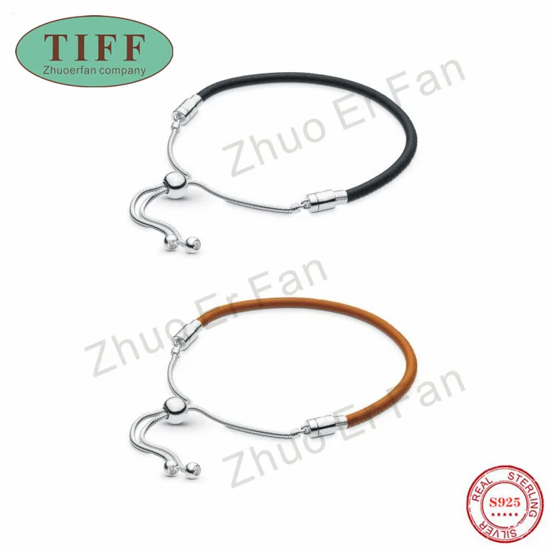 

TIF pan 925 Sterling Silver Bracelet for women,gold Black Leather Sliding Original Jewelry Luxury Fashion Women Gift
