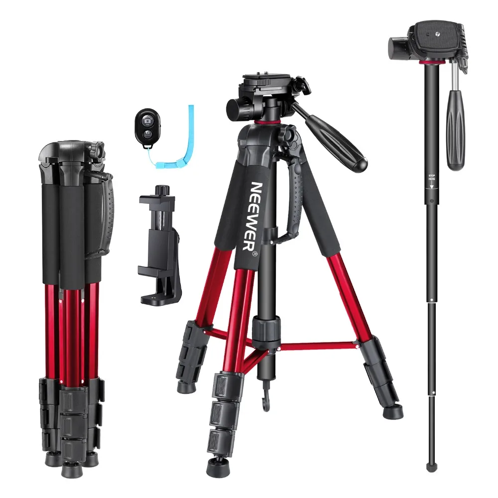 Neewer 70 inches Aluminium Camera Tripod Monopod with 3-Way Swivel Pan Head+Cellphone Holder+Bluetooth Remote+Bag for iPhone Neewer 70 inches Aluminium Camera Tripod Monopod with 3-Way Swivel Pan Head+Cellphone Holder+Bluetooth Remote+Bag for iPhone