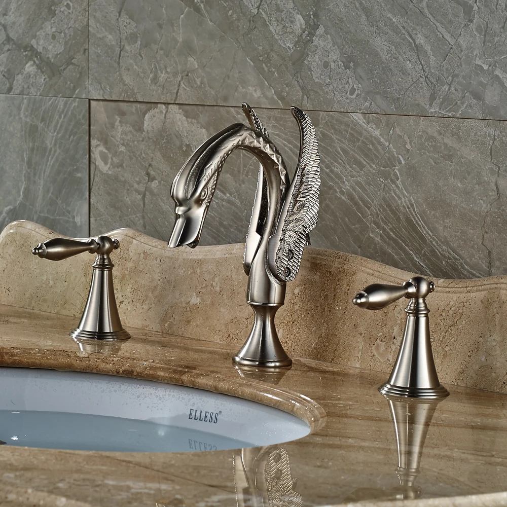 

High Arc Style Nickel Brushed Deck Mounted Bathroom Sink/Tub Faucet Two Handles