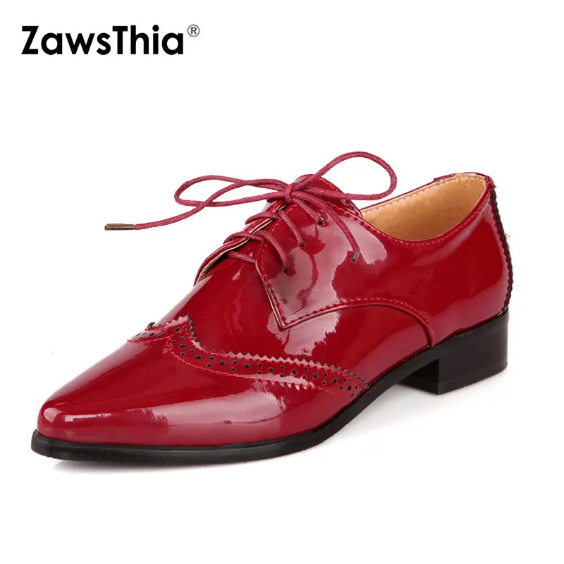 

ZawsThia 2019 spring autumn patent PU low heelsl woman casual shoes lace-up oxford shoes for women point toe lady loafers flats