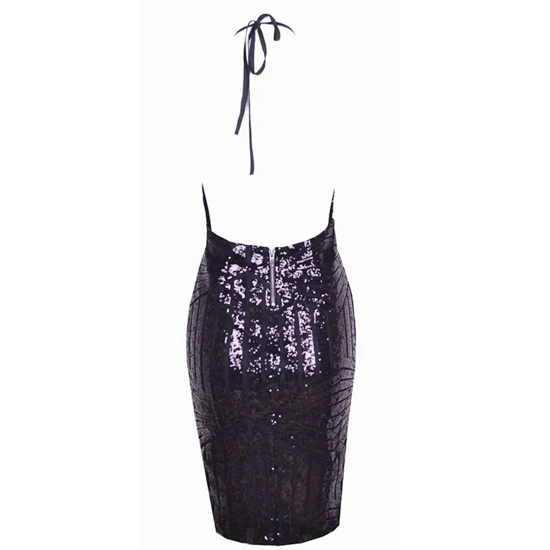 Sexy Bandage Deep V-neck Backless Sequin Dress Women Sleeveless Halter Club Party Dress Short Party Casual Mini Dresses Vestidos (3)