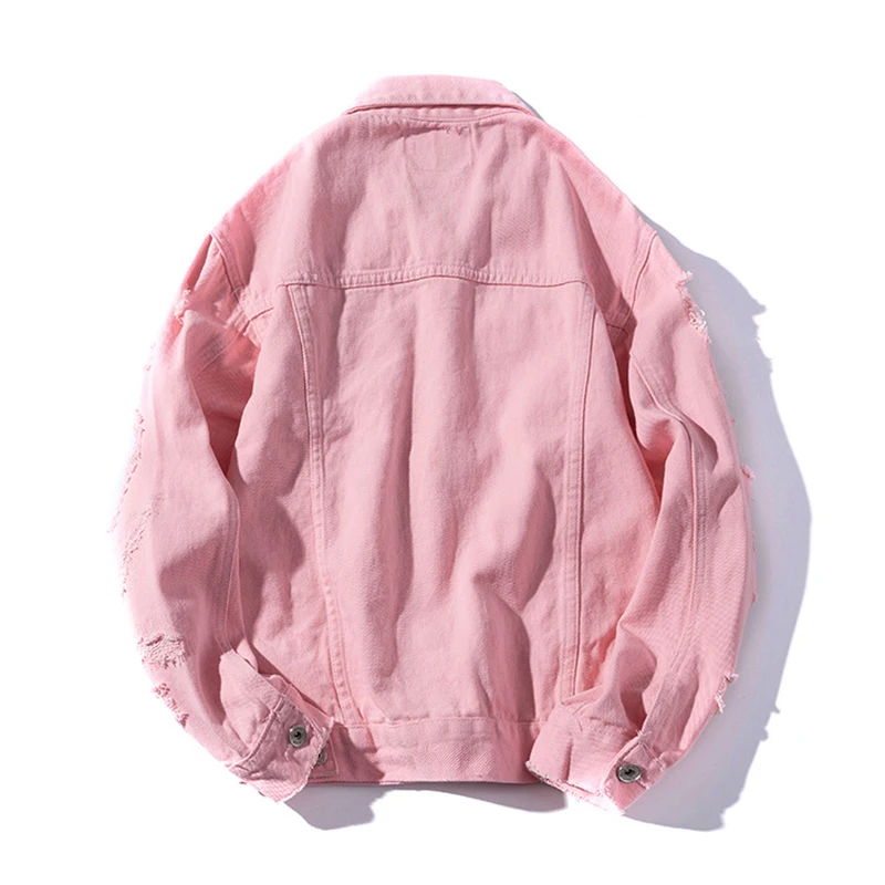 Frayed Hole Jeans Jacket Men Slim Fit Pink Bomber Jacket Mens Hip Pop Streetwear Jacket Men Button Spring Autumn