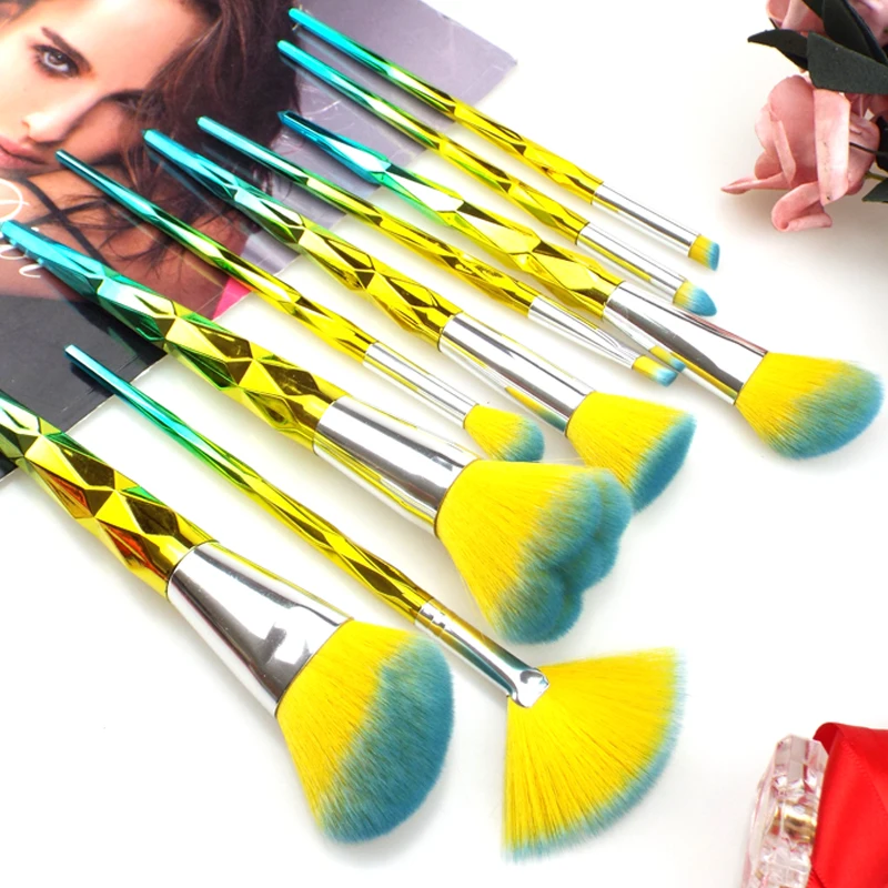 

9pcs Red Glitter Diamond Makeup Brushes Set Foundation Blending Power Rainbow Eyeshadow Brush pincel maquiagem de pinceis