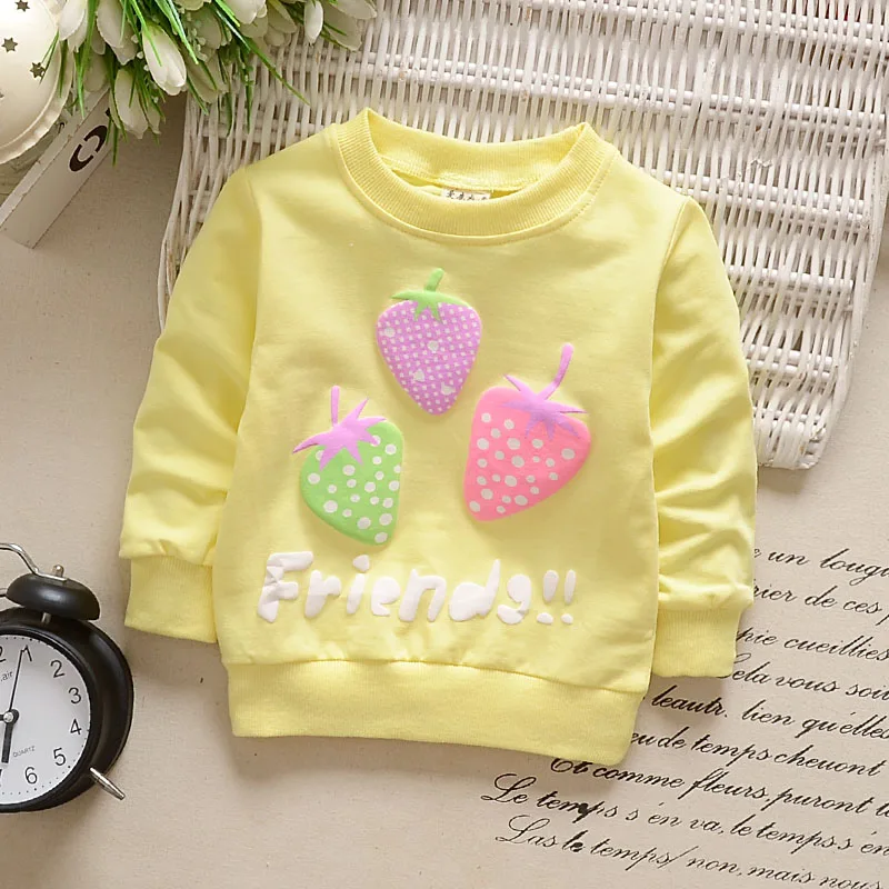 yellow stawberry Г. Новая весенняя детская футболка рубашки с длинными рукавами для маленьких девочек топы, одежда для малышей милая блузка ярких цветов с бантом для девочек от 6 до 24 месяцев - Цвет: yellow stawberry
