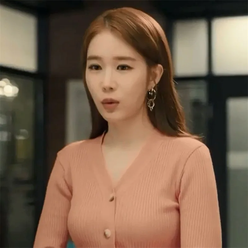 Korean Drama Touch Genuine Liu Renna Same Korean Version Pink 2019 Spring New Pit Ribbed Thin Knitted V-neck Cardigan Sweater