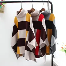 Fashion Elegant Plaid Turtleneck Sweater Women Bat Sleeve Winter Warm Wool Jumper Loose Pullover Female Oversized Sweaters Cloak yellow sexy pullover bat sleeves loose jumper