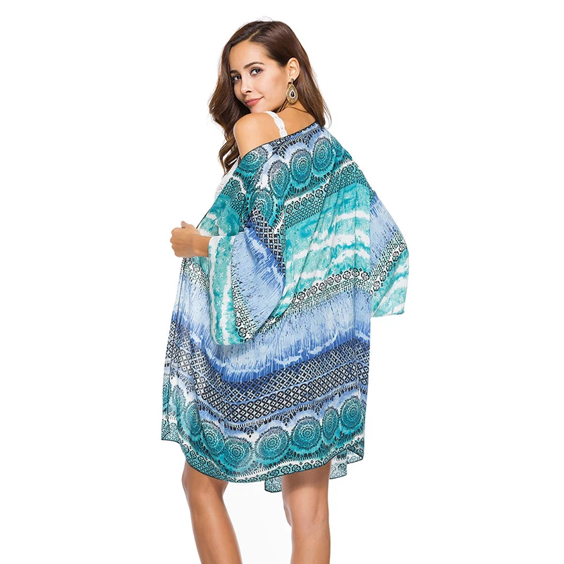 Women'S Beach Cover Up Kimono Cardigan Tropical Leaves Blouse