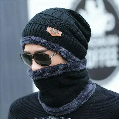 RUHAO Skullies Beanies 2pcs ski cap scarf cold warm leather winter hat for women men Knitted hat Bonnet Warm Cap - Цвет: Black