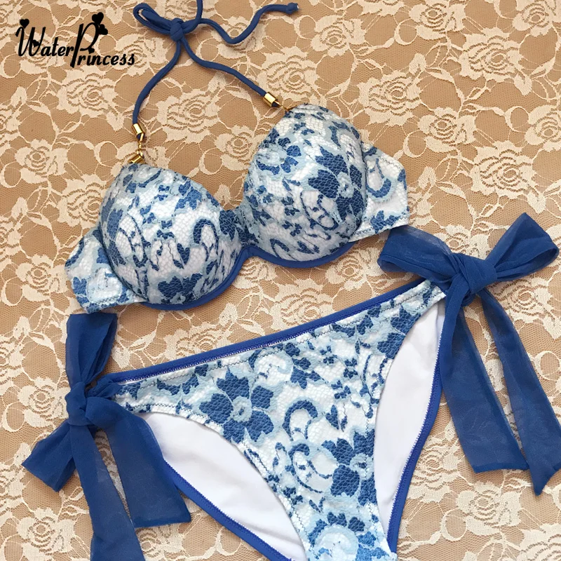 

2019 New Blue Lace Sexy Bikini Set Women Push Up Swimwear Halter Swimsuit Bandage Biquini Maillot De Bain High Quality bikinis