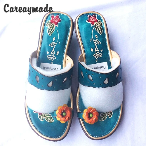 

Careaymade-new summer soft bottom Leather Flip Flops comfortable folk style hand-painted Candy colors flowers anti-skid slippers