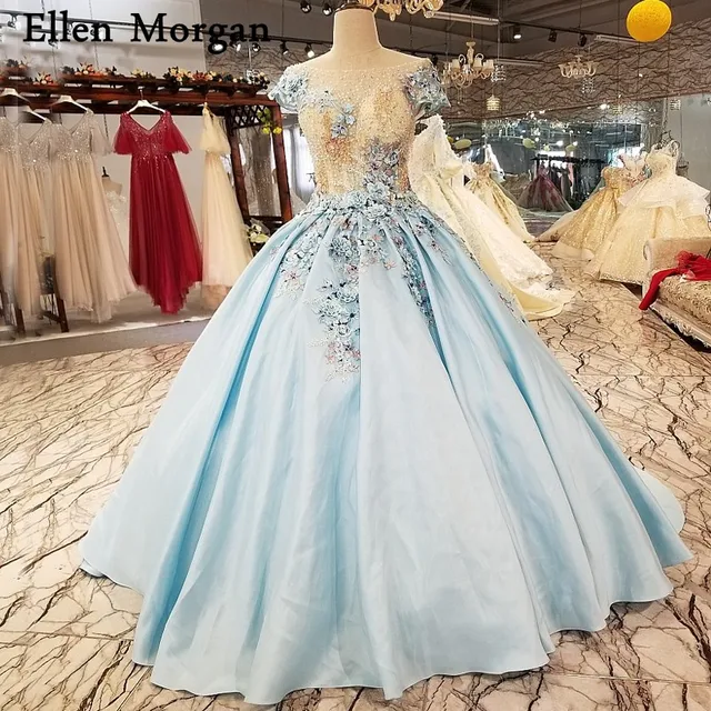 Light Sky Blue Satin Ball Gowns Wedding Dresses for Beauty Cap Sleeves ...