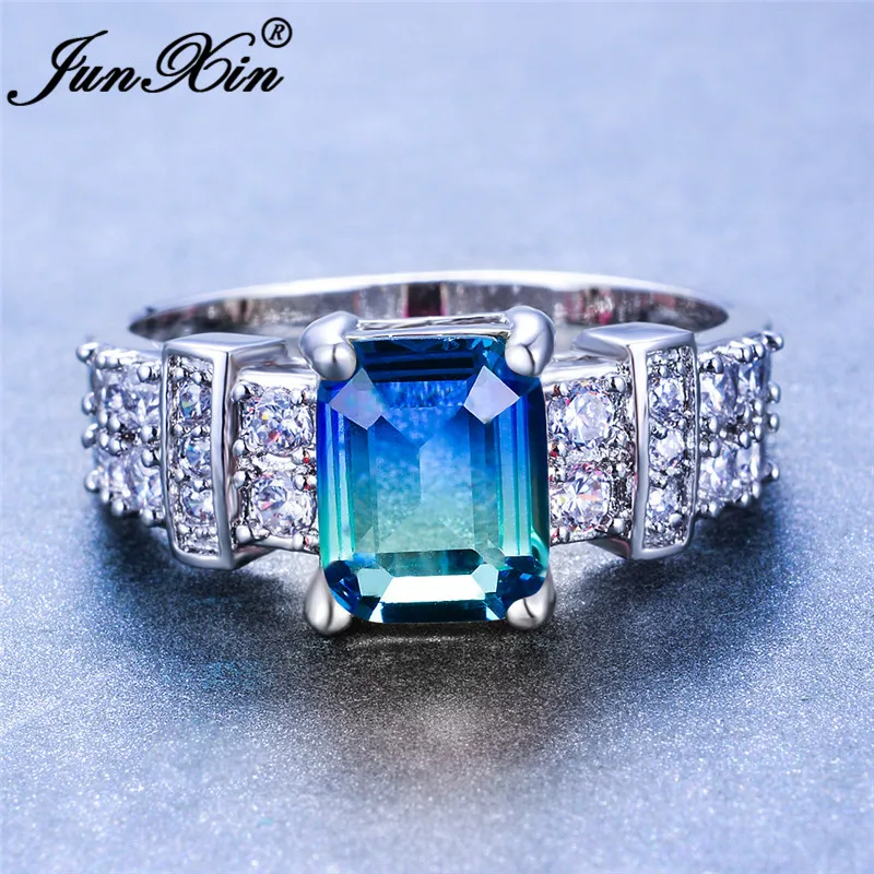 

Gradient Colors Green Blue Crystal Rectangle Rings For Women White Gold Ring Pink Stone Wedding Bands Rainbow Zircon Jewelry