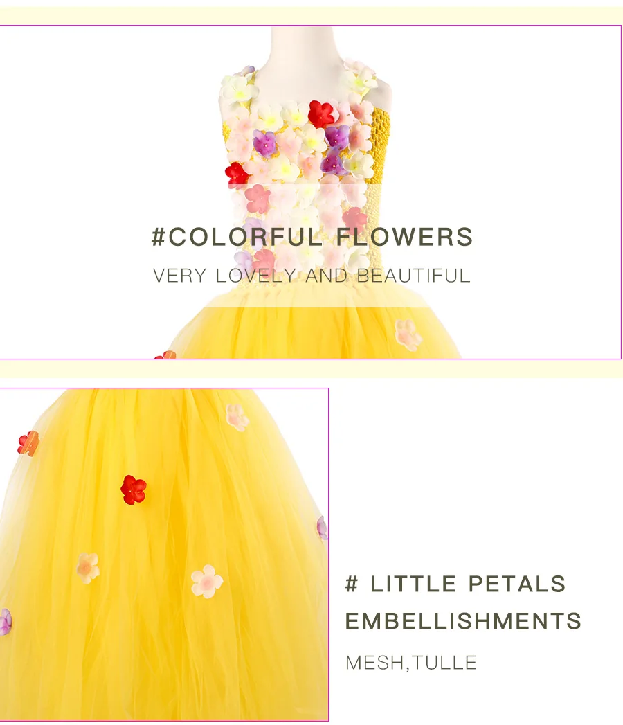Princess Belle Flower Fairy Tutu Dress Girls Beauty Beast Cosplay Costume Kids Pageant Wedding Purim Ball Gown (3)