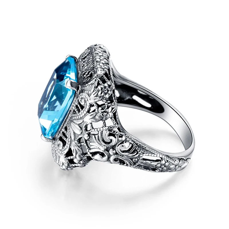 Szjinao Luxury Brand Aquamarine Samurai Ring Bohemian Rock Square Concave Solid 925 Sterling Silver Antique Engagement Jewelry