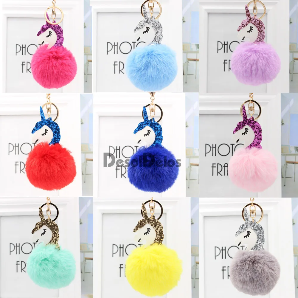 Unicorn Pompom Keychain Pom Poms Ball Faux Rabbit Fur Key Chain Bag Key Ring Artificial Fluffy Charm Car Keyring Christmas Gift