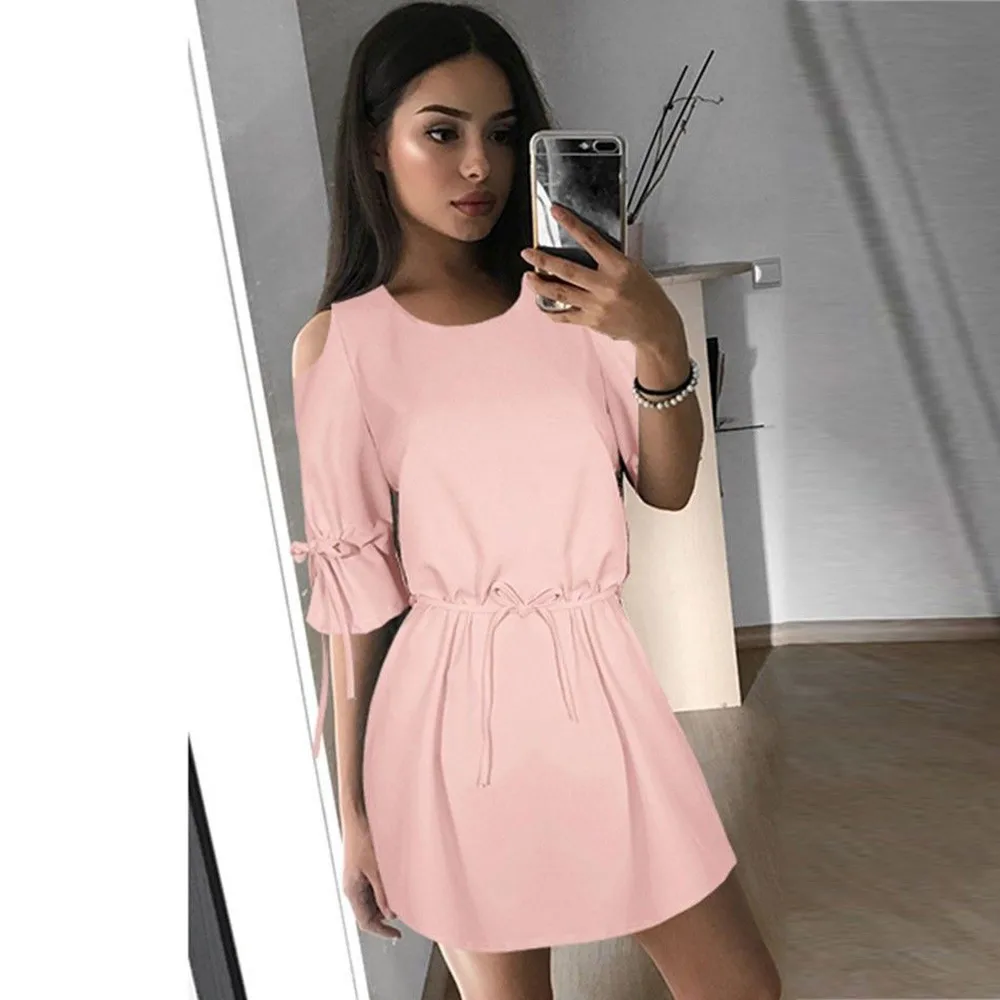 

KANCOOLD Dress Women Cold Shoulder Bandage Evening Party Solid Dress Casual Mini Maxi Beach Dress women 2018AUG15