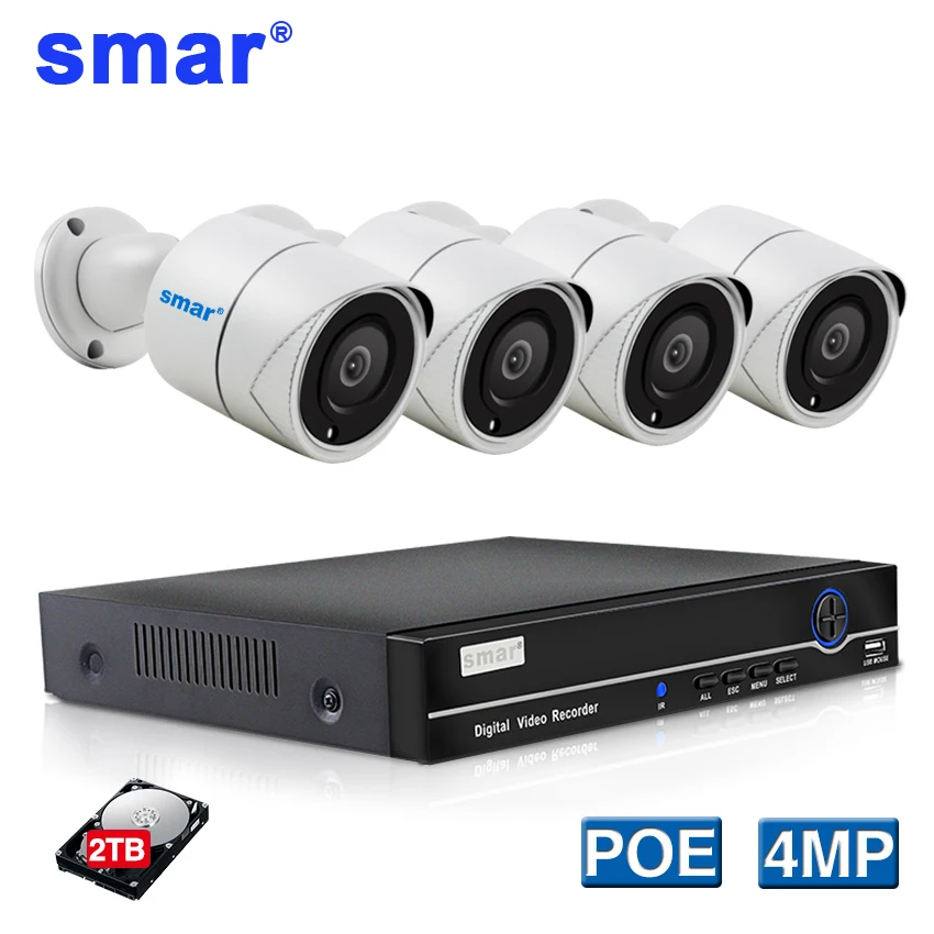 

Smar 4CH POE NVR Kit 4MP POE Camera CCTV System HDMI Security Camera System H.265 IP Camera Outdoor Metal Weatherproof 2TB HDD