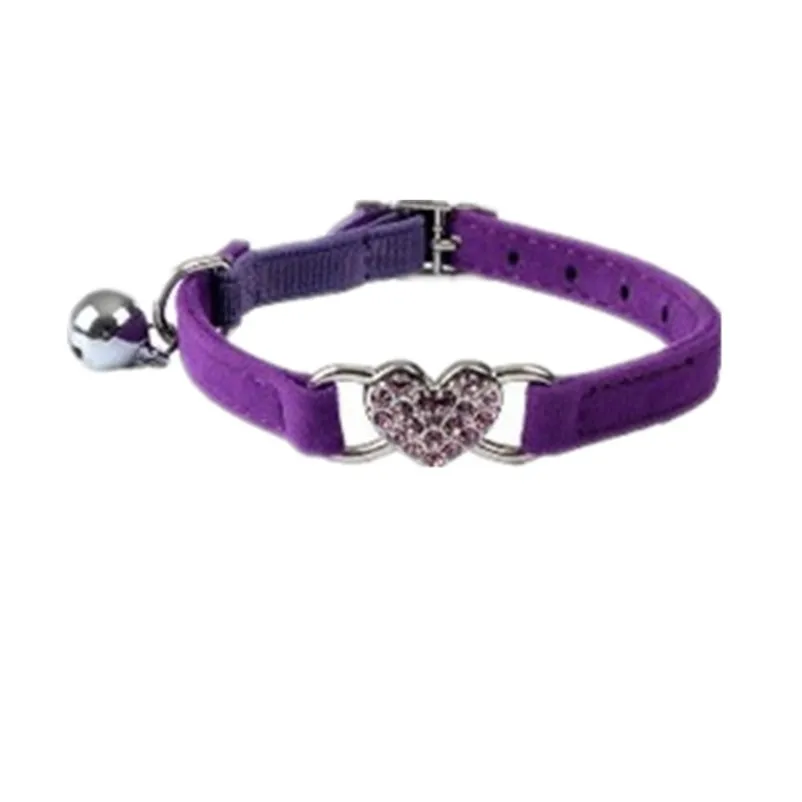 Cat collar with bell Crystal Elastic Dog Collar Velvet Bell Heart Shape Accessories pet Product Leash and Harnesses A15 (2)