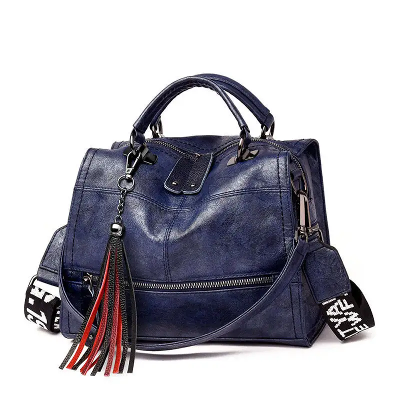 Женская сумка-мессенджер из натуральной кожи в стиле старого танга, женские сумки через плечо, сумки через плечо для женщин, одноцветная сумка с кисточками и буквами - Цвет: Blue