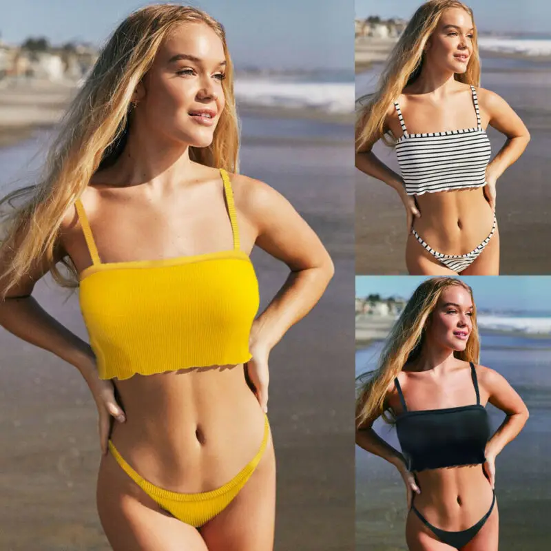 

2 Pieces Sexy Low Waist Swimsuit Set Women Elasticity Fabric Chest Pad Bathing Beachwear Bikini Swimwear