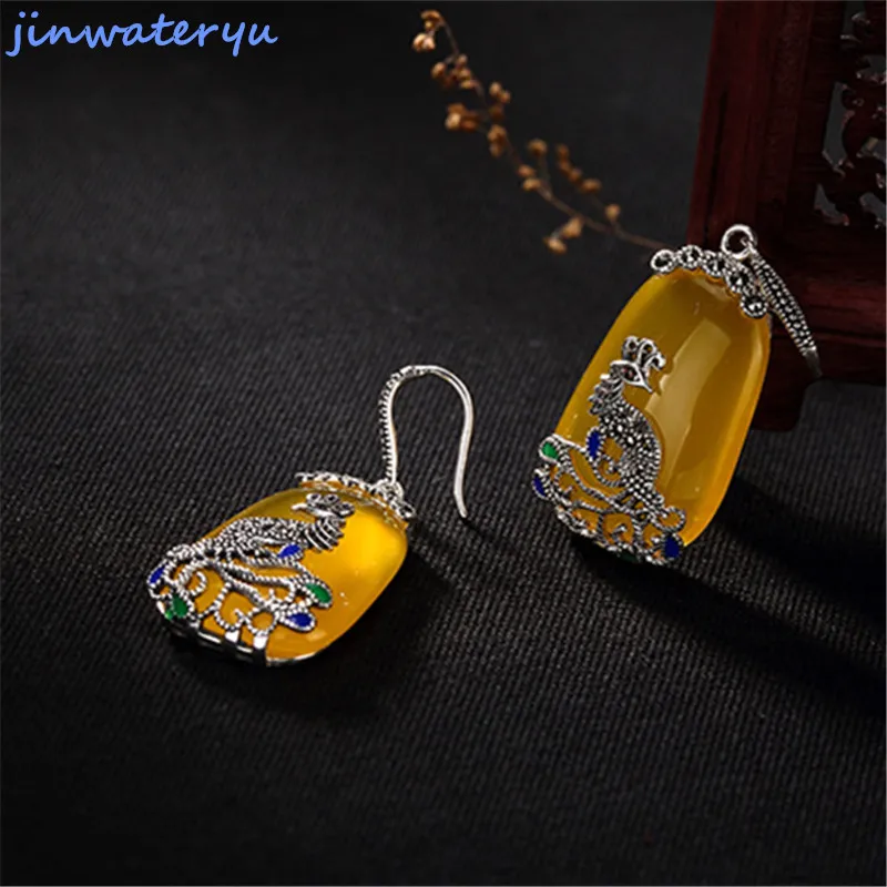 Jinwateryu, 925 пробы, silve earringsr, для женщин, девочек, висячие серьги с желтым камнем, халцедон и кубический циркон, серьги