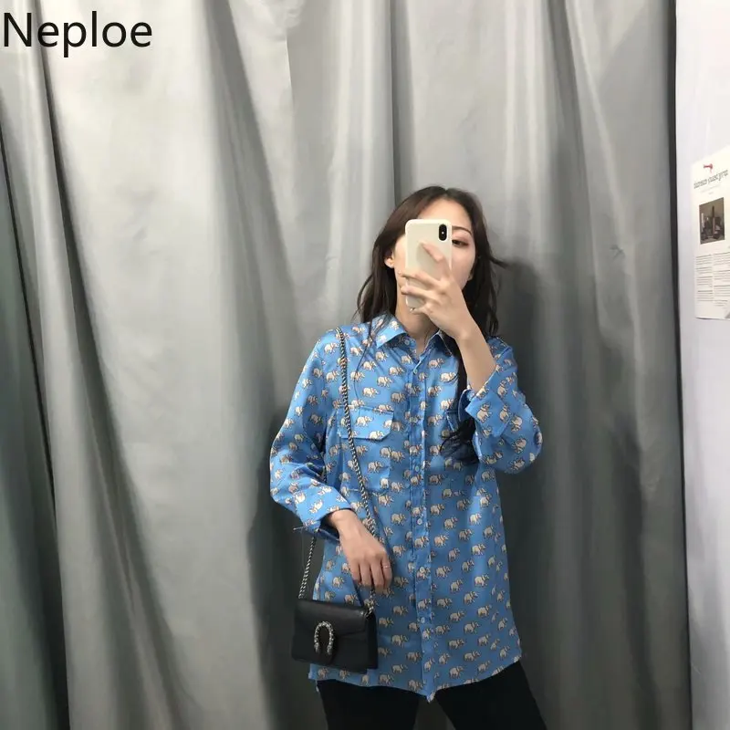 

Neploe Print Full Sleeve Blouse Women Turn Down Collar Animal Pattern Blusas Fashion Loose Solid Tops 45389
