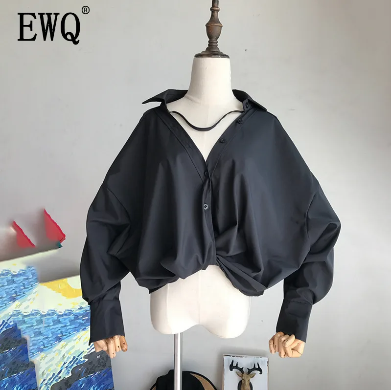 

[EWQ] 2019 Spring Summer New Pattern V-collar Long Sleeve Solid Patchwork Single Breasted Sweet Shirt Women Fashion Tide AF22301