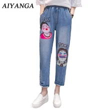 S-5XL модные женские джинсы с принтом с героями мультфильмов на весну и осень размера плюс, повседневные джинсовые штаны-шаровары с эластичной резинкой на талии, свободные брюки