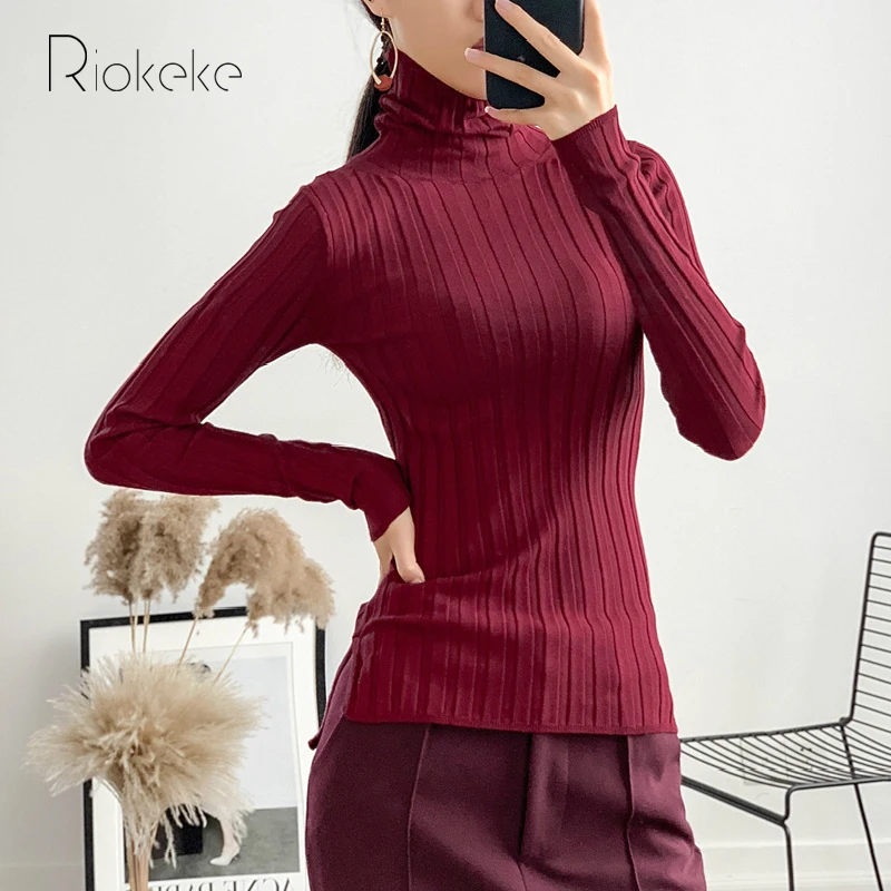 Riokeke Turtleneck Women Wine Red Sweater Female Slim Long Sleeve