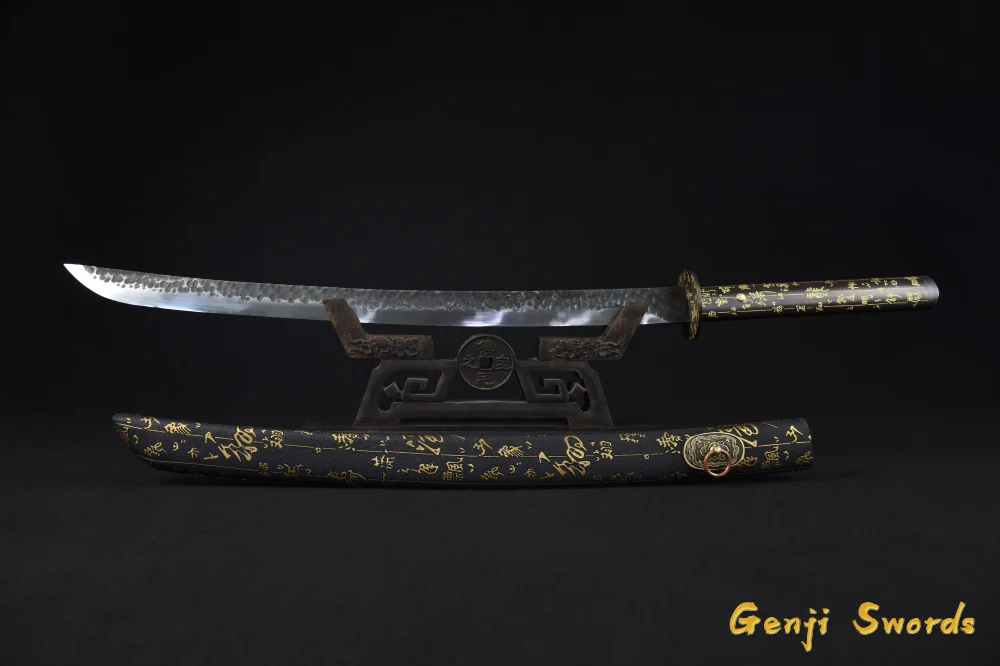 Handmade Japanese Black Samurai Wakizashi Sword High Manganese Steel Real Katana Sharp Edge Chinese Words Saya