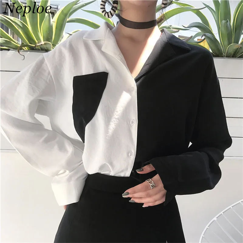 

Neploe Color Patchwork Pockets Women Shirt Turn Down Collar Single Breasted Office Lady Top 2020 Autumn New Fashion Blouse 68863