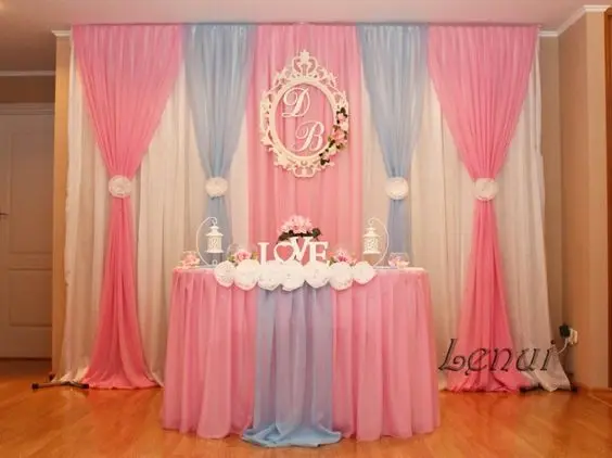 

Exellent quality 3M x 6M White Wedding Back curtain with pink and blue swags Stage Curtain Wedding backdrop Decoration