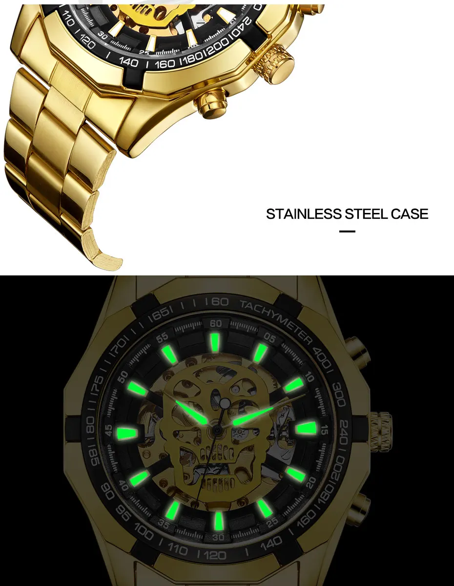 Череп мужские механические часы дизайн Топ бренд класса люкс Золотой ремешок из нержавеющей стали Скелет человек автоматические наручные часы