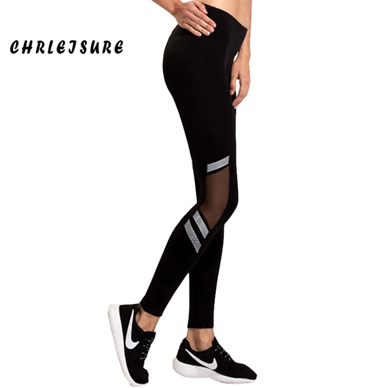 

CHRLEISURE Black Woman Fashion Leggings Mid Waist Knitted Polyester Ankle-Length Legging Net Yarn Push Up Slim Leggings Women