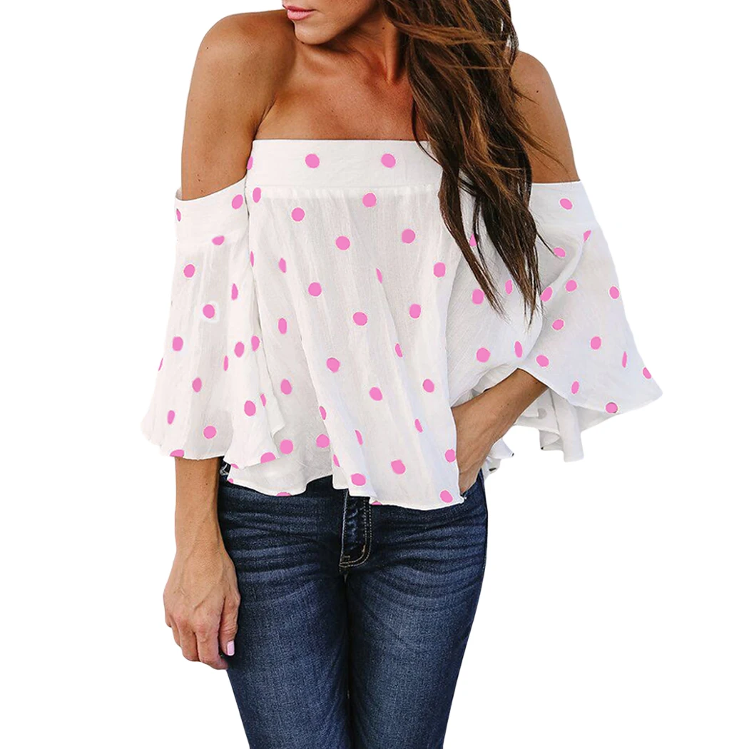 Sexy Off Shoulder Womens Polka Dot Cropped Tops 2018 Ruffles Flare ...