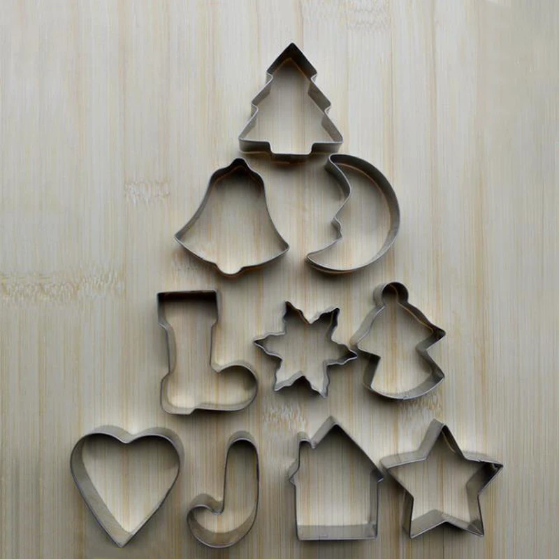 10pcs/set Christmas Cookie Cutters Cake Mould Mold Xmas Tree Star House Bells Snowflake Biscuit Bakeware Tool Stainless steel Ma