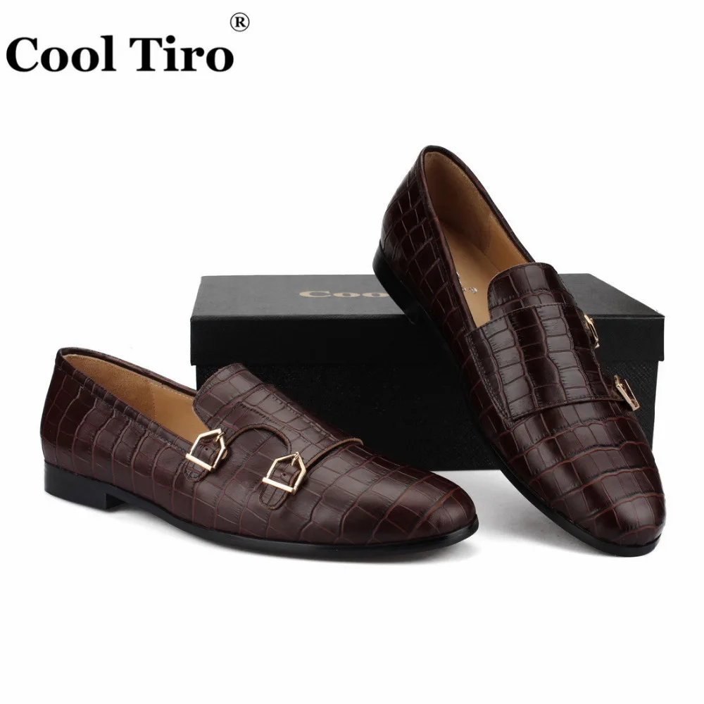 Cool Tiro/коричневый двойной Monk Loafers Для мужчин тапочки мокасины крокодиловый принт Повседневная обувь Свадебная вечеринка Туфли под платье человек Туфли без каблуков