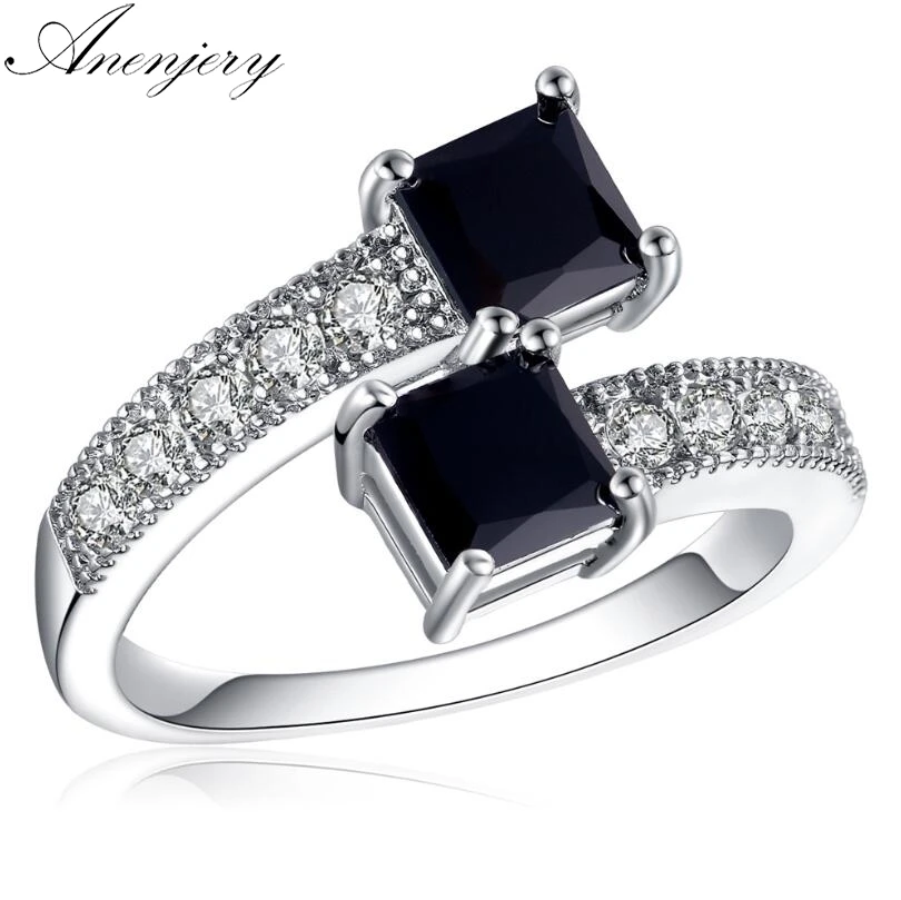 

Anenjery Luxury Prong Setting Black Zircon Adjustable Ring Dazzling Micro-inlaid CZ Rings For Women Gift anillos anel T-R93