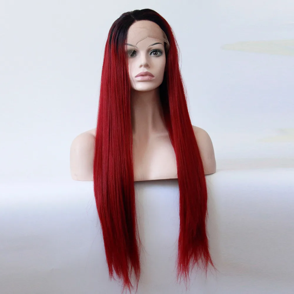 

V'NICE Black to Wine Red Ombre Long Straight High Temperature Fiber Synthetic Lace Front Women Wigs with Natural Hairline