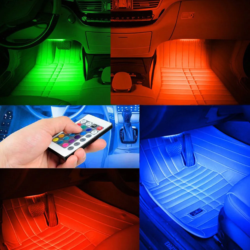 7 Color RGB Wireless Remote Control 4 in 1 Interior 4 Bar Atmosphere Light Bar Car Floor Dash LED Decoration Lamp Kit 12V