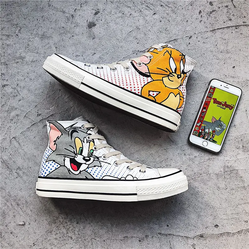 

Four Seasons Men Skateboarding Shoes Tom cat and Mouse Canvas Flat shoes Boy Student Trend High-top shoe Breathable Mesh cloth