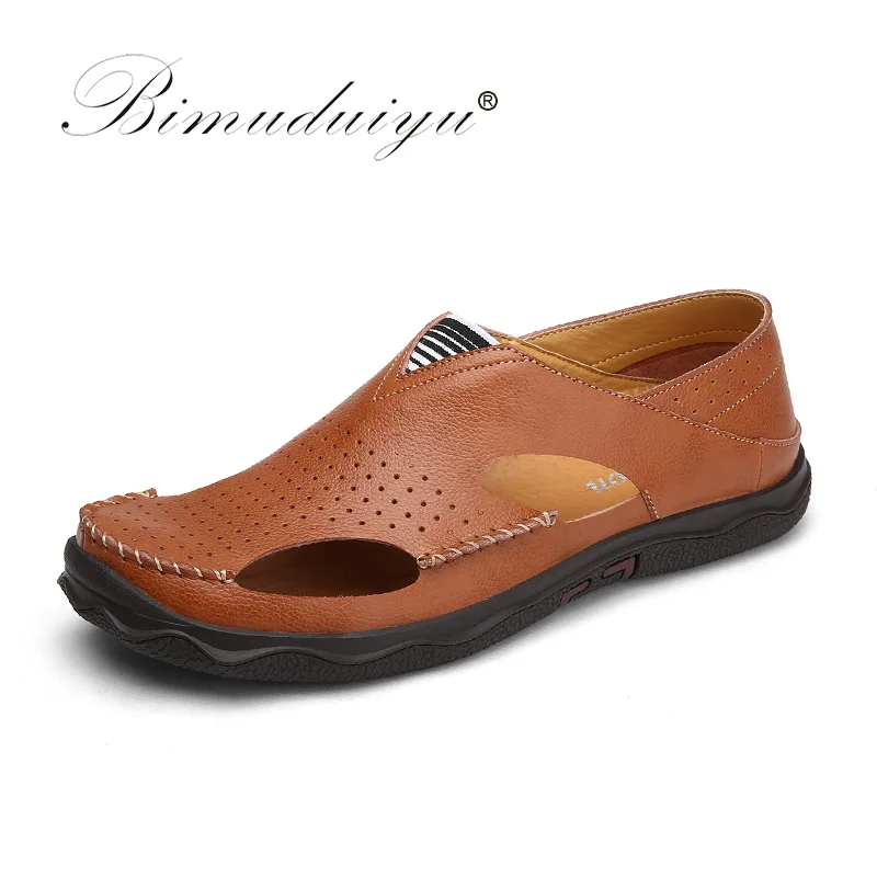 

BIMUDUIYU Cow Split Leather Men Sandals waterproof Summer Flat Walking Shoes Daily Breathable Slip-On Casual Sandals Beach Shoes