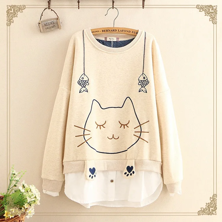 Harajuku Лолита Милая толстовка женская одежда кошка ловить рыбу вышивка сшивание поддельные две части пуловеры толстовка U246