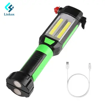 

Newest USB Rechargeable LED Flashlight Car Emergency Tool Hammer COB Magnet Work Light Lamp Torch Portable Lantern for Outdoor